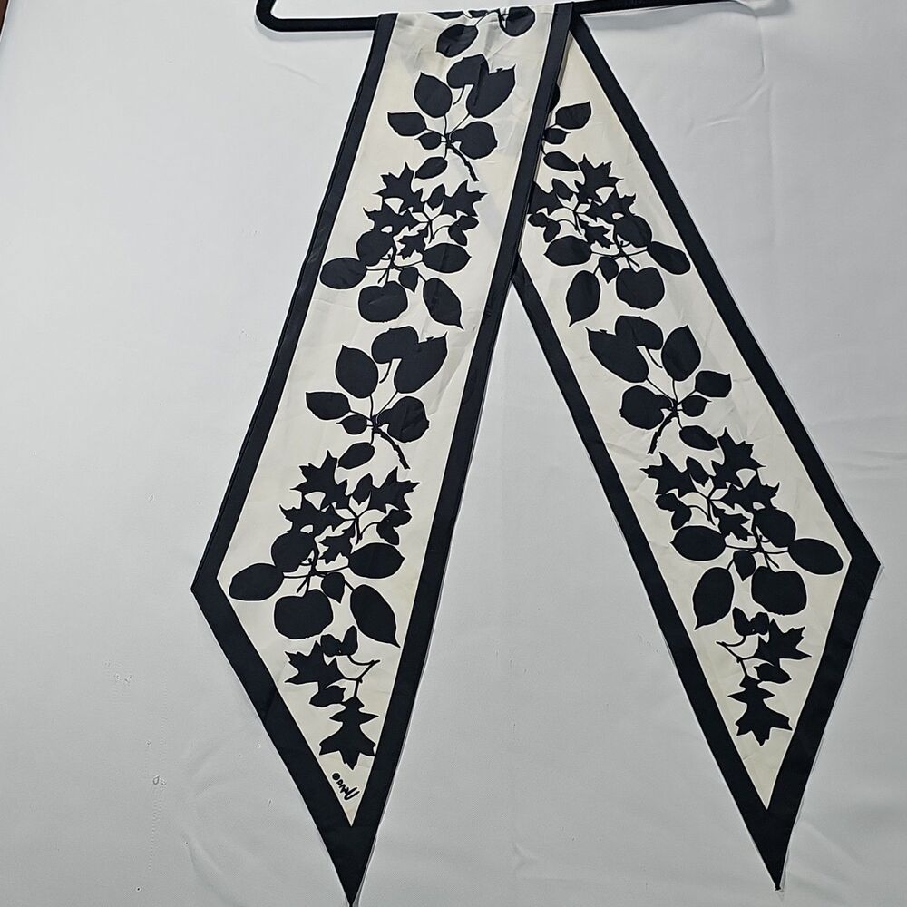 💥Vintage Vera Neumann Signed Silk Skinny scarf Black cream Botanical Apple  53"